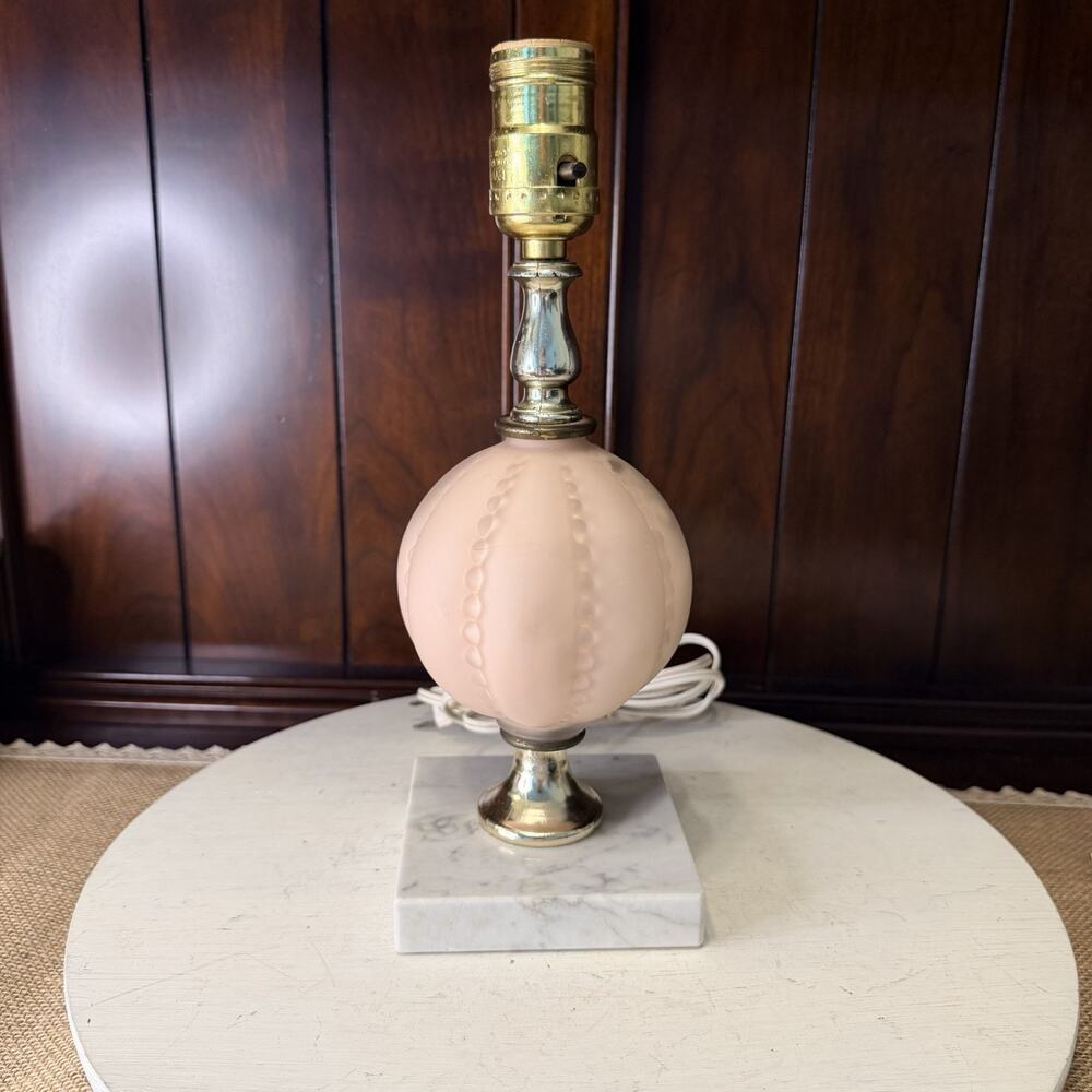 Vintage 1950s Frosted Pink Glass Marble Base Bedside Lamp Cottage Core Boudoir